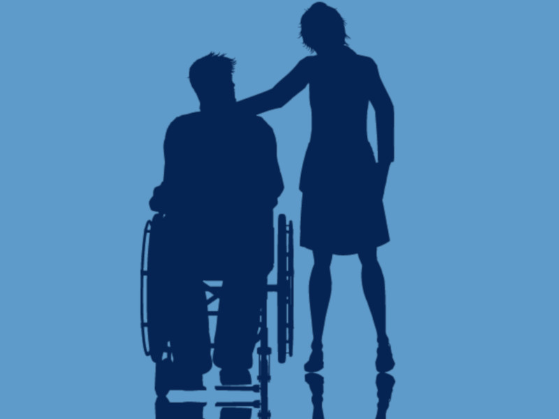 Imagem representando dois vultos com uma pessoa de p a abraar outra em cadeira de rodas