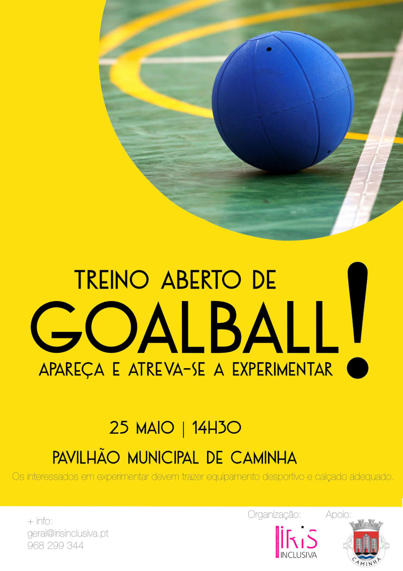 Sobre um fundo amarelo, a imagem de uma bola de goalball azul pousada num campo. Em baixo, toda a informao relativa ao evento e os logos dos intervenientes