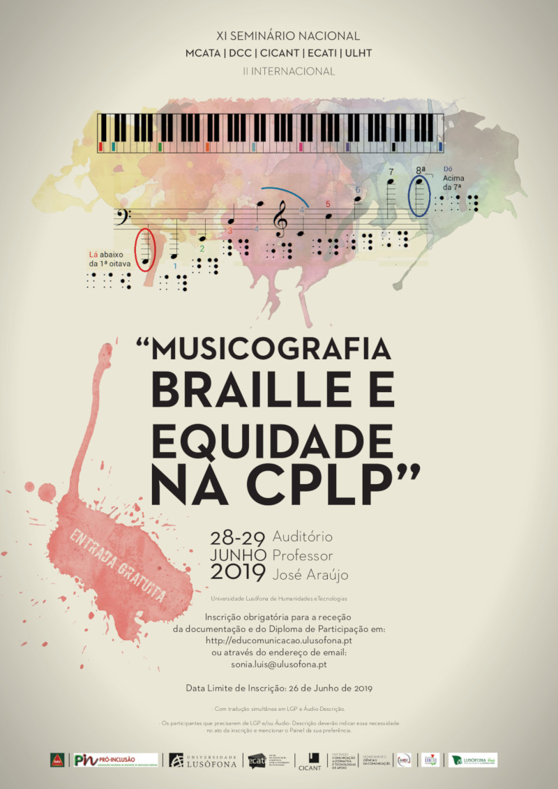 Cartaz de iniciativa Musicografia Braille e Equidade na CPLP com o titulo e todas as informações