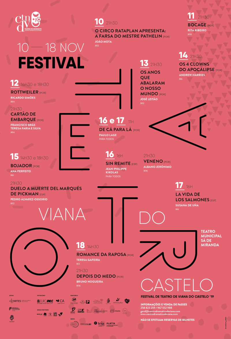Cartaz do Festival: Sobre um fundo rosa a informação do programa com dias e horas