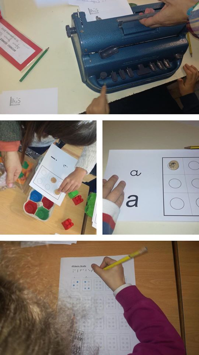 Mosaico de fotos que retratam atividades desenvolvidas com recurso à máquina braille e materiais pedagógicos variados