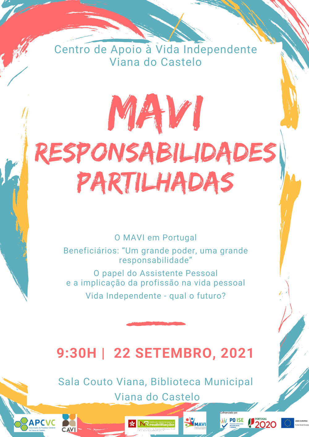 Cartaz do I Seminário MAVI - Responsabilidades Partilhadas. Um fundo com várias cores e informações dobre a iniciativa