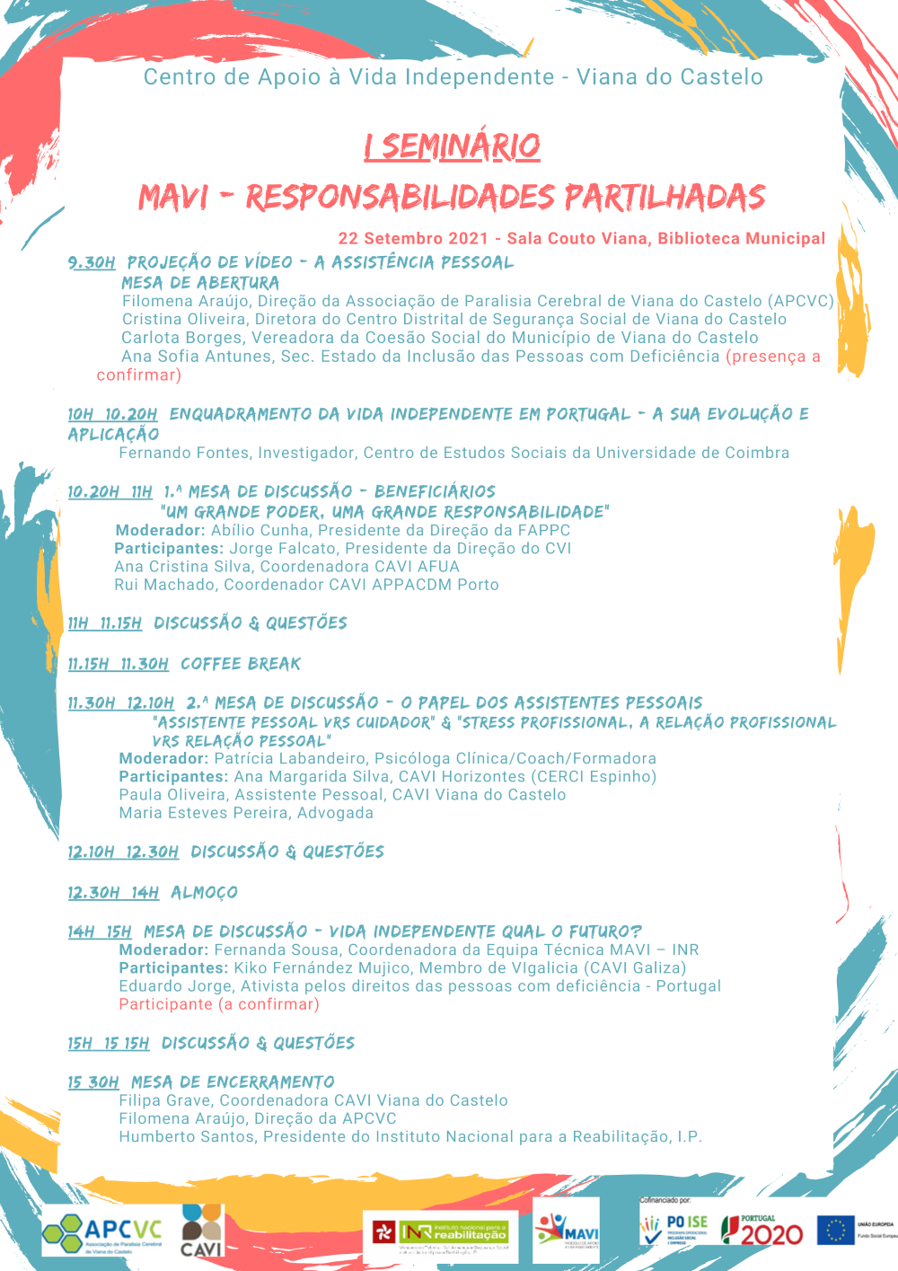 Programa do I Seminário MAVI - Responsabilidades Partilhadas. Um fundo com várias cores e indicação do programa
