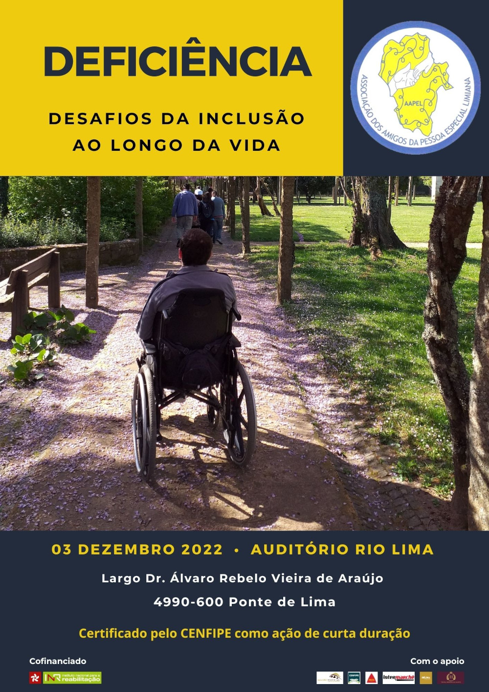 Cartaz promocional da Conferência «Deficiência: desafios da inclusão ao longo da vida». Titulo no topo com letras azuis em fundo amarelo, imagem de um cidadão em cadeiras de rodas e informação sobre o evento