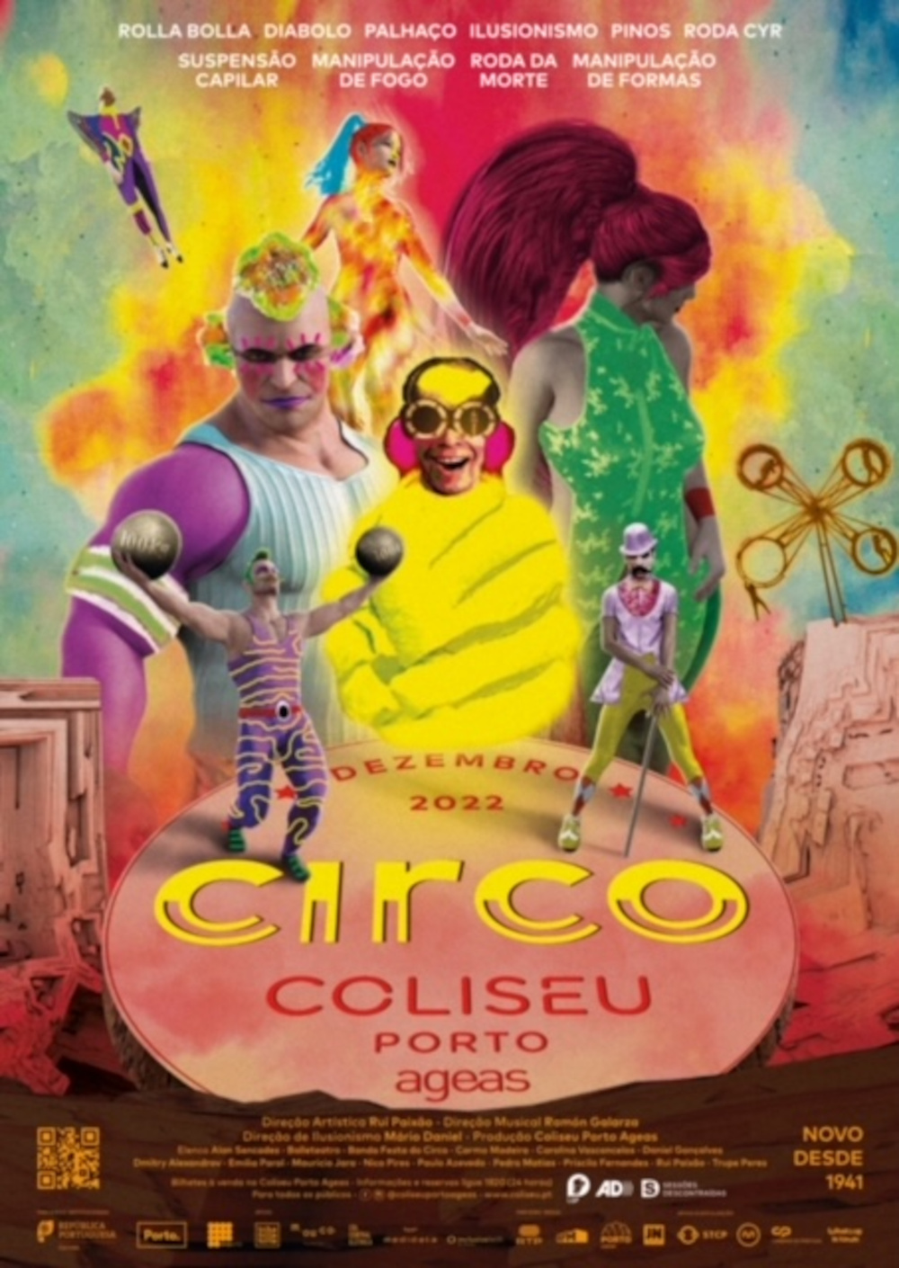 Cartaz do Circo de Natal no Coliseu do Porto. Colorido com figuras do circo e informações sobre o espetáculo