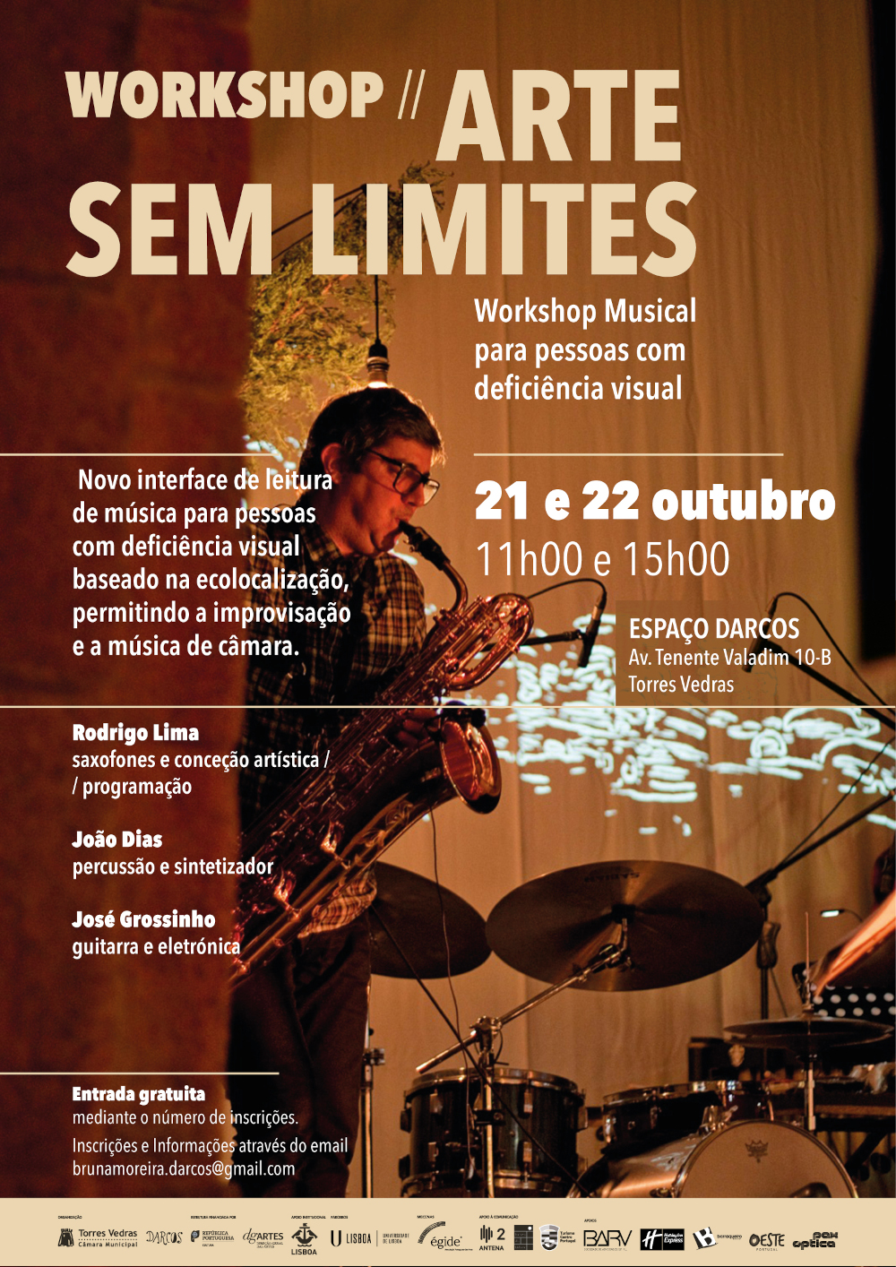 Cartaz do Workshop «Arte Sem Limites» com todas as informações, sobre uma foto com um músico a tocar saxofone