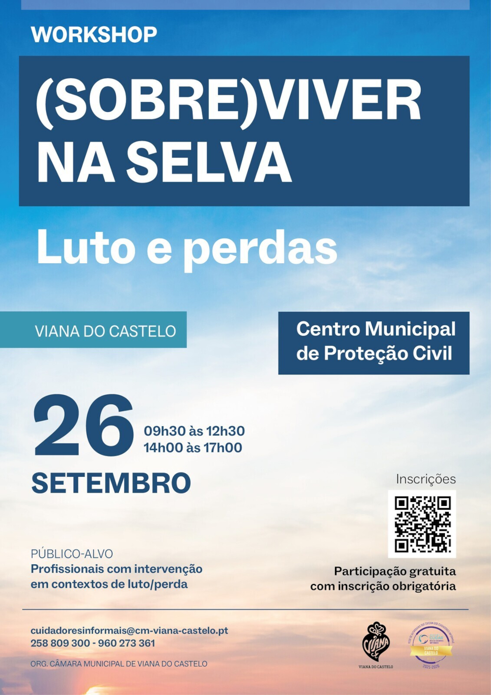 Cartaz do Workshop «Sobreviver na Selva - Luto e Perdas», com toda a informação sobre o evneto, num fundo com as cores do por do sol