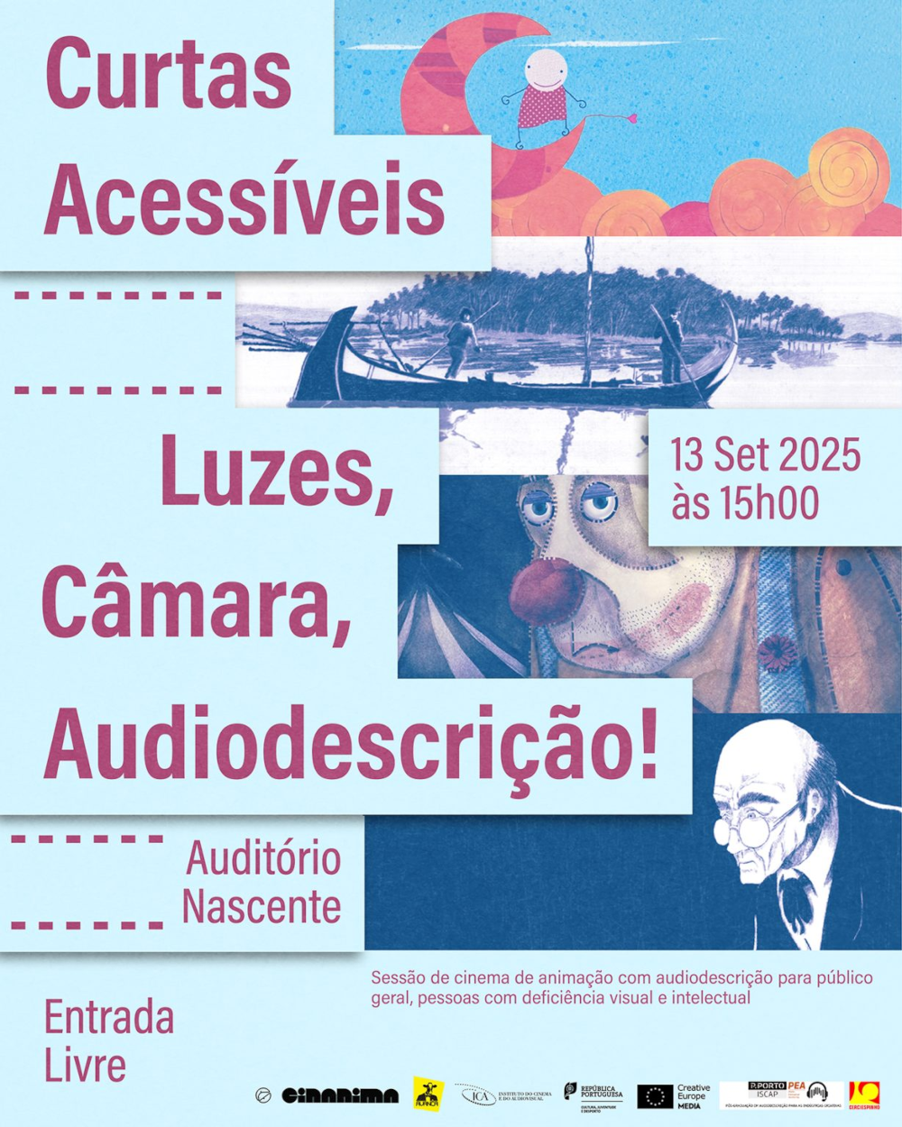 Cartaz da iniciativa. Ilustrações me tons de azul e informação principal sobre o evento
