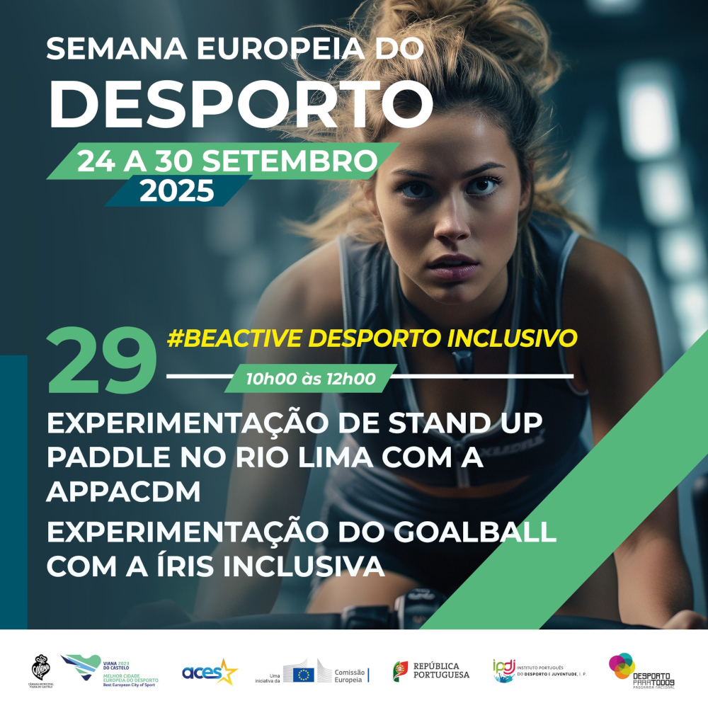 Na imagem uma mulher a praticar desporto, todas as informações sobre a iniciativa e ao fundo logotipos
