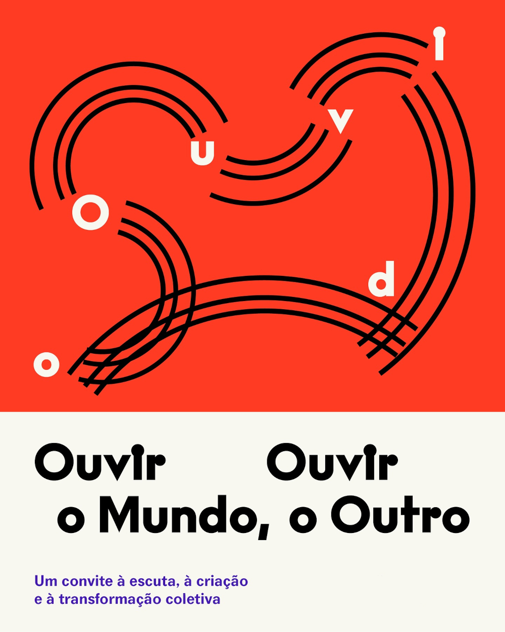 Cartaz: parte de cima em vermelho com motivos pretos e brancos e em baixo o nome do projeto «Ouvir o Mundo, Ouvir o Outro»