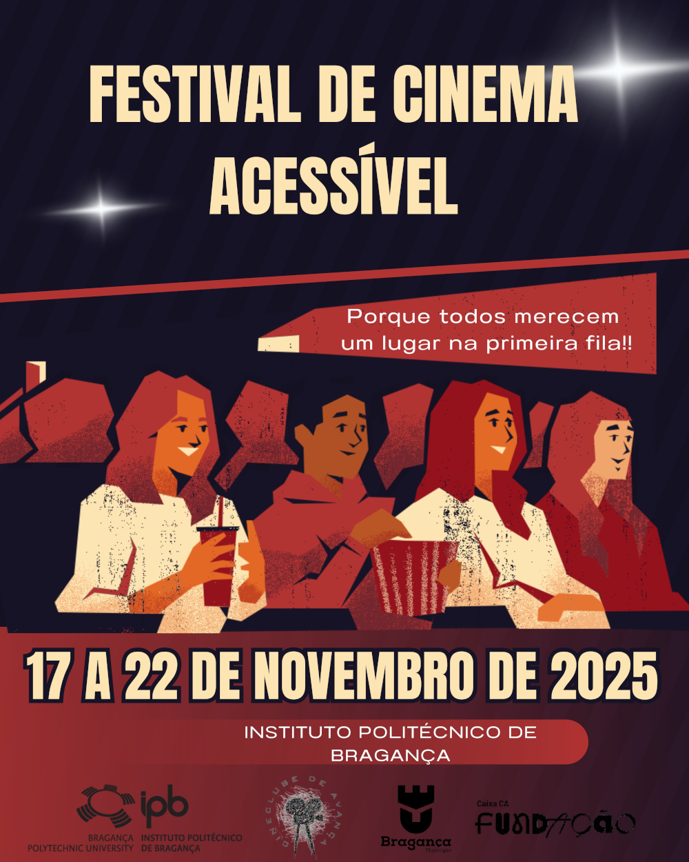 Cartaz do 7.º Festival de Cinema Acessível. Titulo no topo, desenho representando pessoas numa plateia de cinema, a frase