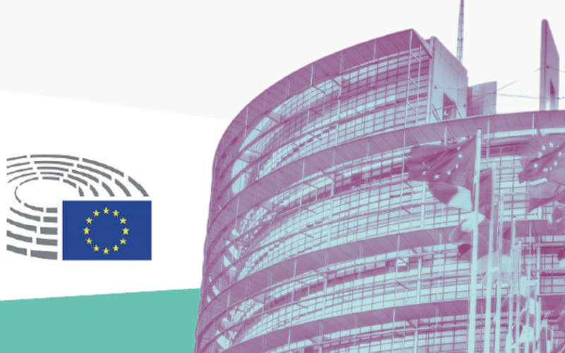 Foto do edificio e do logotipo do Parlamento Europeu